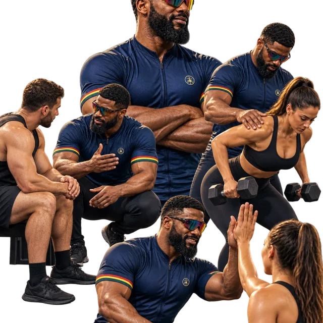 Muhammed coaching a seated client, spotting a rowing set and celebrating with a client after a session