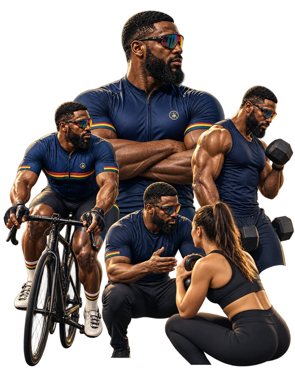 Muhammed cycling, standing with arms folded, curling a dumbbell and coaching a client
