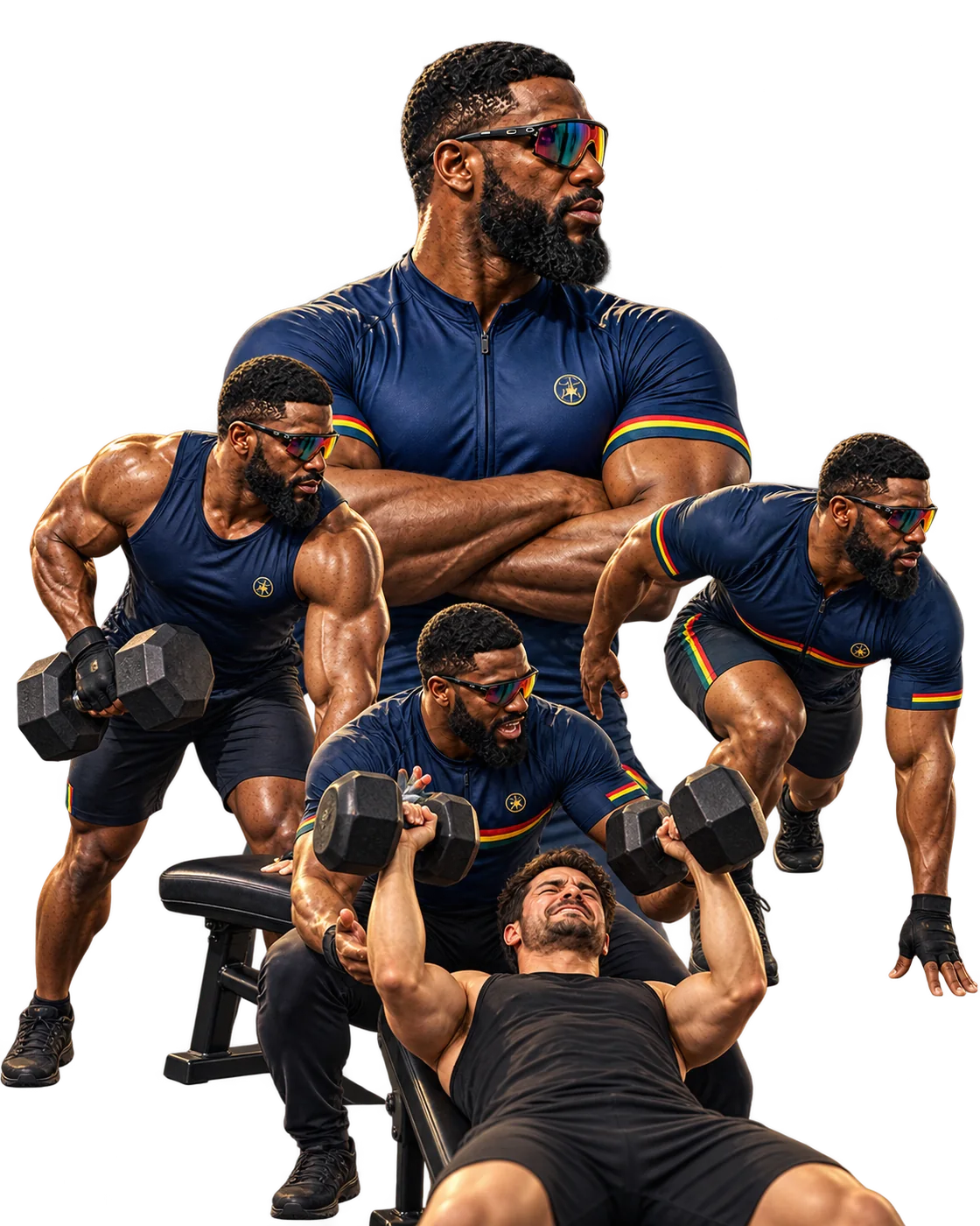 Muhammed performing dumbbell rows and spotting a client through a bench press