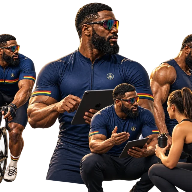 Muhammed reviewing a training plan on a tablet while coaching, alongside cycling and dumbbell work
