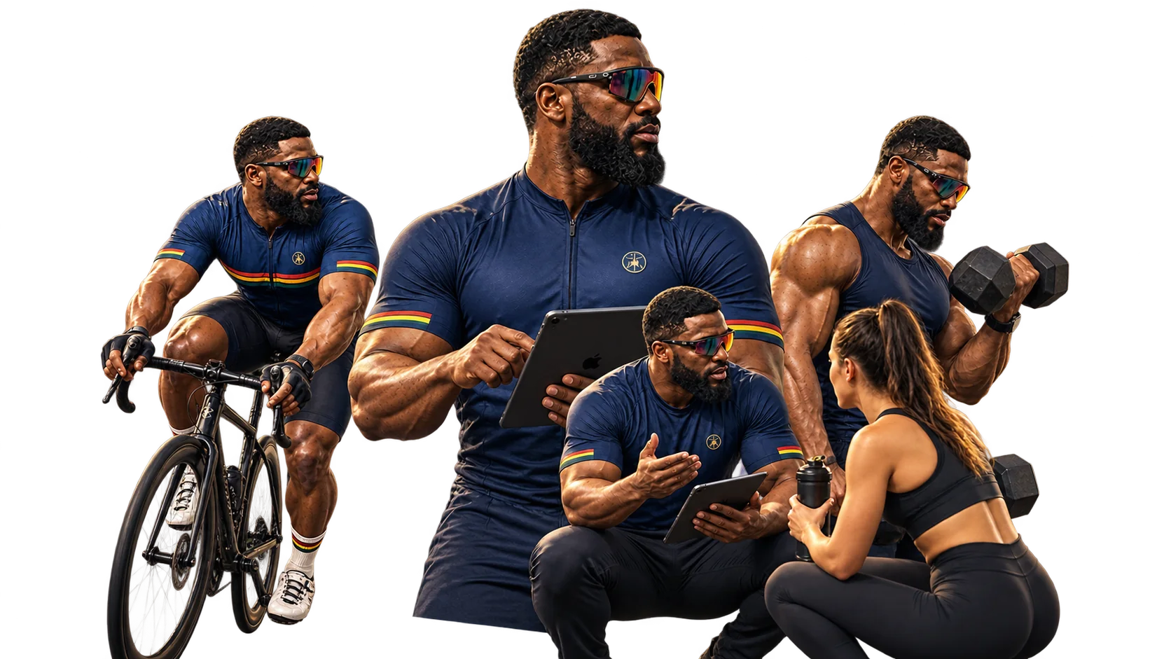 Muhammed reviewing a training plan on a tablet while coaching, alongside cycling and dumbbell work